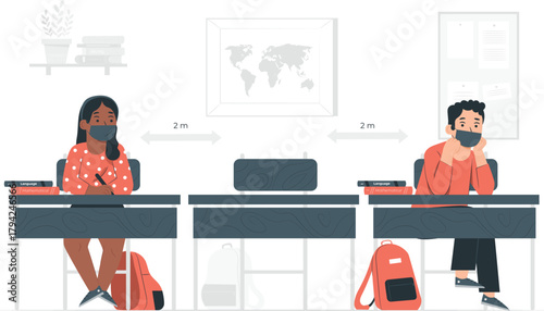 Students Social Distancing in Classroom with Face Masks school children