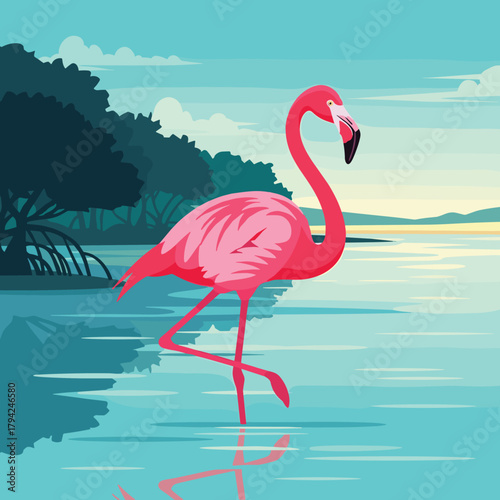 Beautiful pink flamingo standing gracefully in the shallow turquoise water of a tropical lagoon with a lush shoreline background.