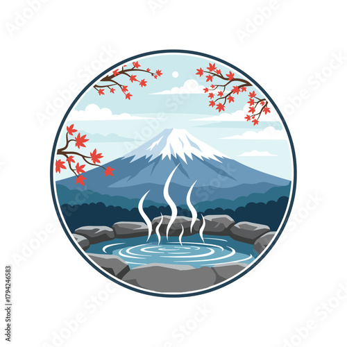 Serene Japanese onsen hot spring with steam rising, set against a backdrop of Mount Fuji and autumn maple tree branches.