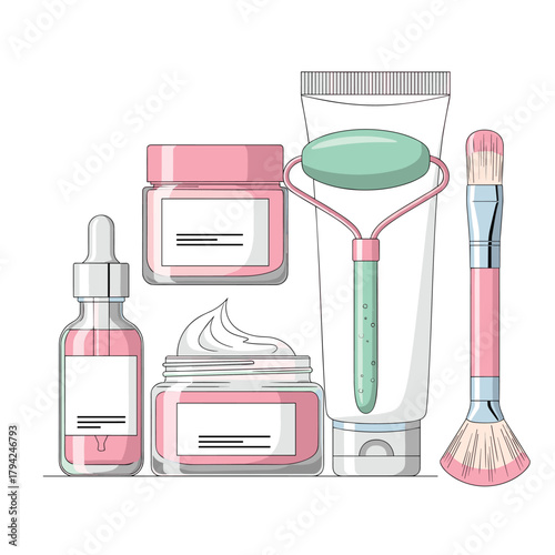 Illustrated set of pink and green skincare products including face cream, serum, a jade roller, cleanser, and a makeup brush.