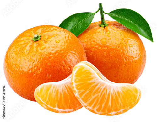 Two Fresh Mandarins with Green Leaves and Peeled Segments, Front View, Isolated on Transparent Background