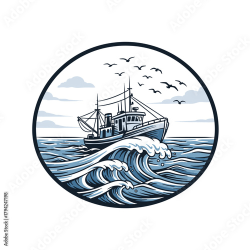 Monochromatic emblem of a fishing boat trawler on rough ocean waves with a flock of seagulls, framed in a simple circle.