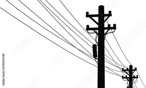 Silhouette, utility poles, power lines, electrical grid, infrastructure, energy, distribution, network, sunset, dramatic sky, voltage, insulators, cables, rural, industrial, transmission
