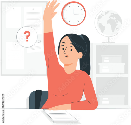 Student raising hand in classroom with globe and clock school education