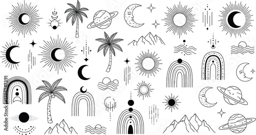 Large Mystical Celestial Line Art Vector Set: Boho Icons of Sun, Moon, Planet, Rainbow, Palm Tree, and Mountain Symbols for Esoteric, Magical, and Spiritual Decoration Designs