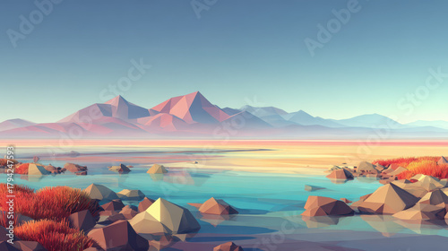Low poly landscape, geometric mountain, colorful, blue water, pink sky, tranquil scene