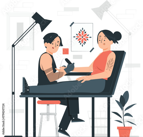 Tattoo artist tattooing a floral design on a woman's arm vector illustration