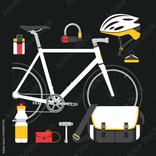 Complete bicycle and commuting gear set including a fixed-gear bike, helmet, lock, water bottle, and messenger bag on black.