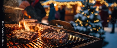 The Steaks on Grill at a Festive Outdoor Christmas Market with Bokeh Lights
