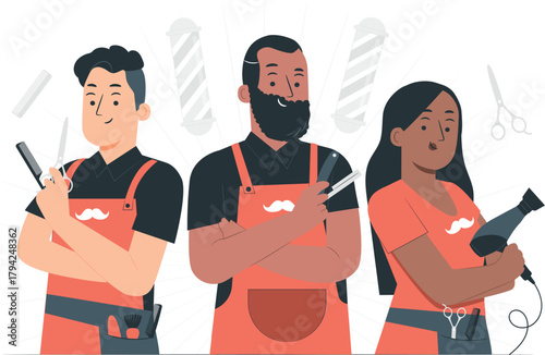 Three barbers with tools and hair dryer in a barber shop Keywords: barber, haircut, hair, men