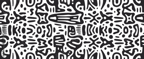 Black and White Abstract Organic Pattern with Tribal or Hieroglyphic Motifs vector illustration