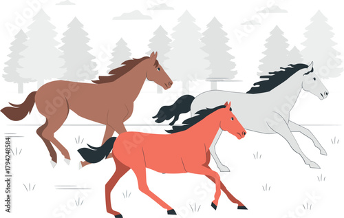 Three Horses Running Freely In A Field With Trees galloping herd