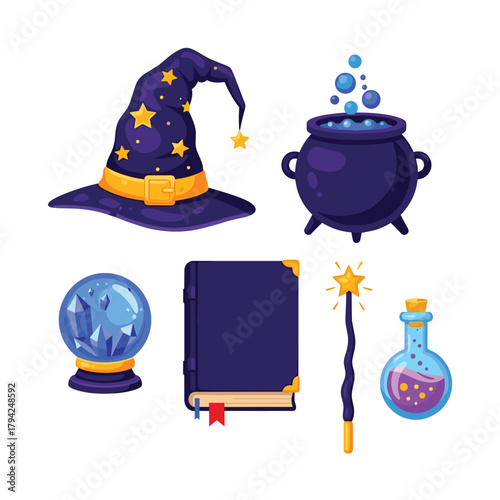 Magical set of wizard and witch items, including a pointy hat, a bubbling cauldron, a crystal ball, and a magic spellbook.