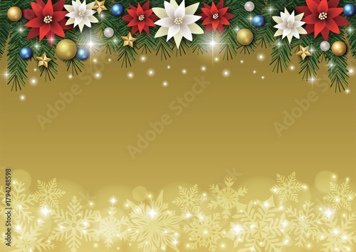 クリスマス背景、雪の結晶、金、ポインセチア、モミの木、かわいい、イラスト、横