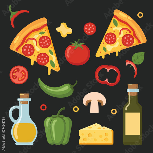 Flat lay illustration of pepperoni pizza slices and fresh ingredients like tomatoes, peppers, and cheese on a dark chalkboard background.