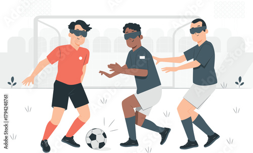 Three men playing blindfolded soccer with a ball and goal football game