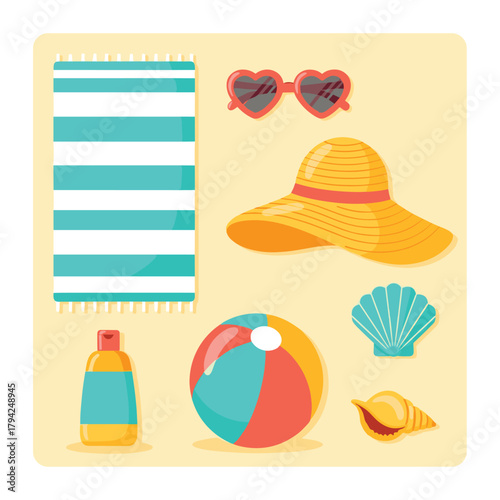 Top-down view of essential summer beach accessories, including a striped towel, sun hat, sunglasses, beach ball, and seashells.