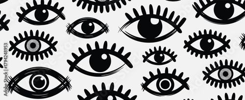 Black and White Hand- Drawn Eyes Pattern on Light Gray Background hand-drawn graphic