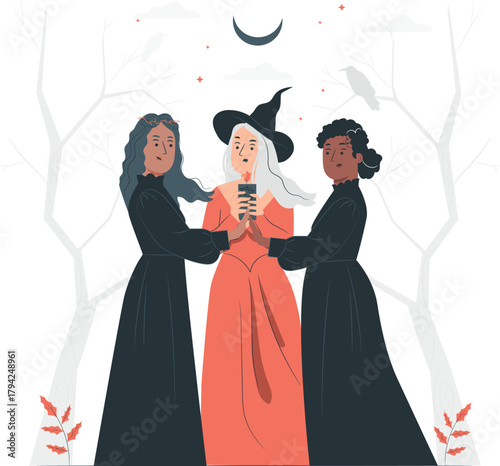 Three witches gathered with a candle and moon in a spooky forest coven magic