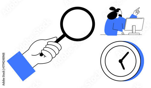 Hand holding magnifying glass, woman working on computer pointing at screen, minimalistic clock. Ideal for search, research, time management, efficiency, focus, productivity goal tracking simple