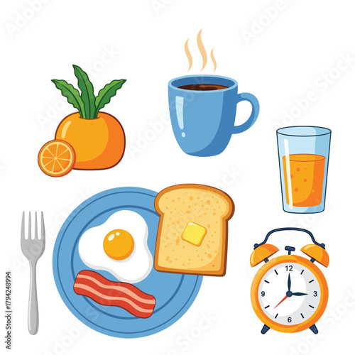 Complete breakfast meal set with a fried egg, bacon, toast, a cup of coffee, orange juice, and an orange alarm clock icon.