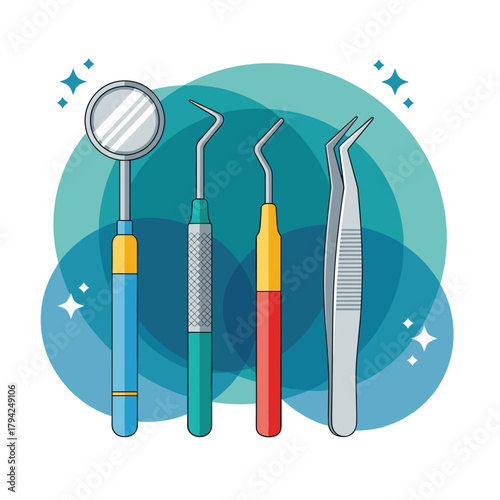 Detailed illustration of professional dental hygiene instruments including a mouth mirror, scaler, explorer, and tweezers.