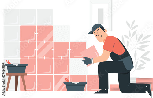Tiler Installing Square Tiles on a Wall worker construction