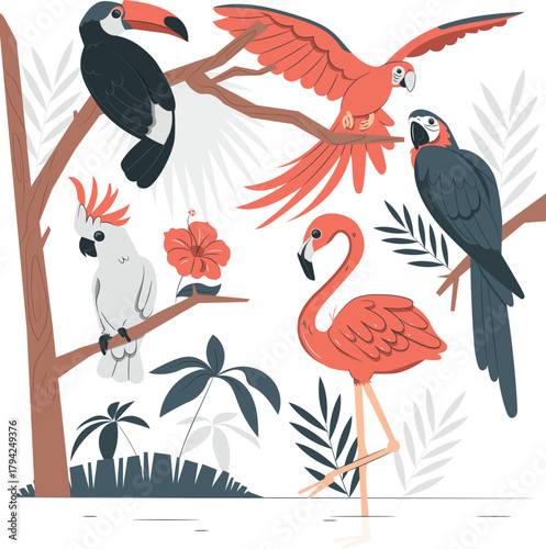 Tropical Birds Collection with Flamingo and Toucan exotic birds wildlife