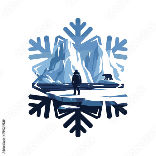 Arctic exploration scene with a person and a polar bear on an ice floe, framed within a large, intricate blue snowflake.
