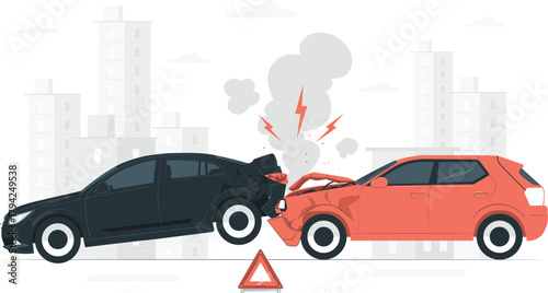 Two Cars Collide in Urban Traffic Accident with Smoke and Warning Sign car accident collision