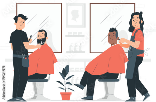 Two barbers cutting hair of two clients in a barber shop Keywords: barber, haircut, hair, men