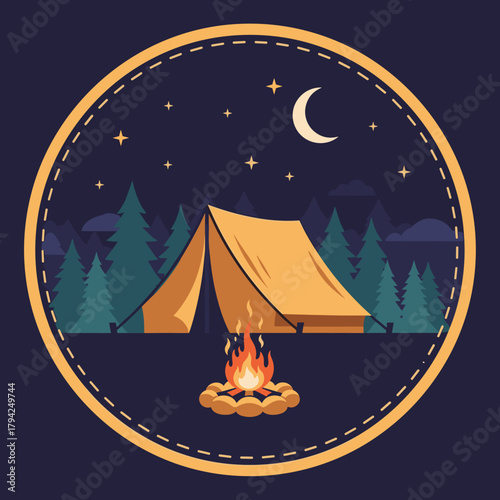 Scenic night camping emblem with a glowing tent and campfire under a starry sky with a crescent moon in a pine forest.
