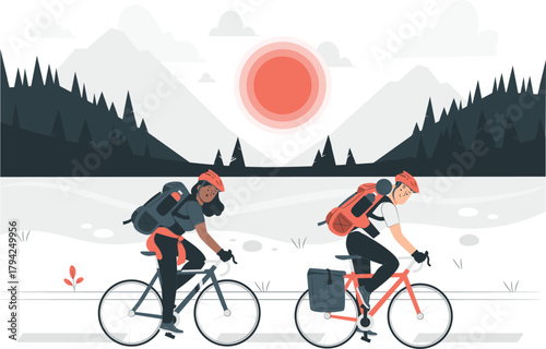 Two cyclists with backpacks riding bicycles in a scenic landscape cycling bike