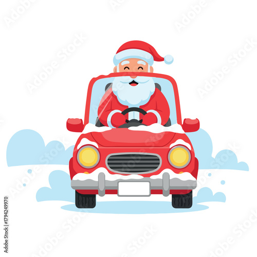 Santa driving small red car through snow , flat vector style