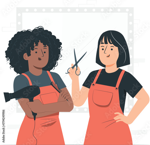 Two diverse women hairdressers with tools in salon hairstylist beauty