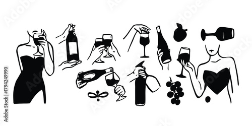 wine, silhouette, black, white, hand, bottle, glass, grape, woman, elegant, fashion, party, celebration, drink, pouring, holding, lifestyle, icon, set, collection, design, graphic, minimalist, modern,