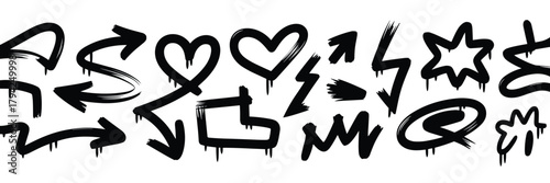 Graffiti Style Black Icons and Arrows with Dripping Effect on White Background Keywords: graffiti, icon, icons, arrow, arrows, heart, hearts