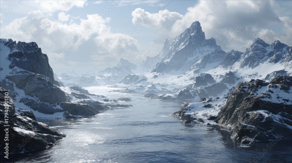 Obraz premium Serene Winter Landscape with Majestic Snow-Capped Mountains and Calm Blue Waters Under a Cloudy Sky