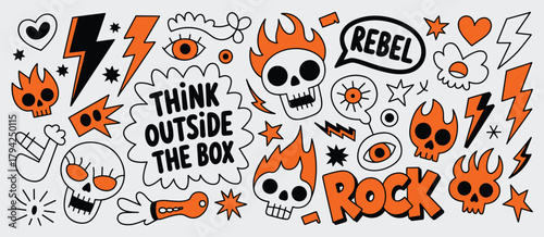 Hand Drawn Doodle Elements Skulls Lightning Bolts Eyes and Text on White Background illustration