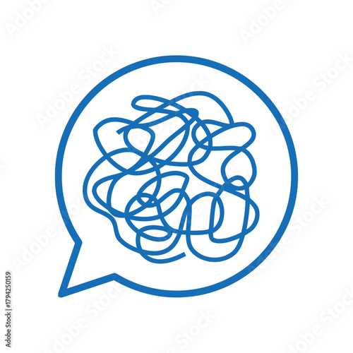 speech bubble, chat, communication, confusion, tangled lines, scribble, mess, unclear, thought, idea, problem, question, abstract, symbol, icon, blue, outline, simple, graphic, isolated, white backgro