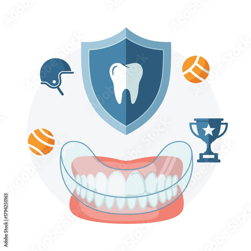 Dental protection concept for sports with a mouthguard, teeth, and icons like a shield, helmet, and trophy for athlete safety.
