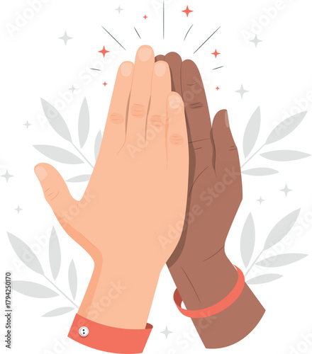 Two hands of different skin tones giving a high five with sparkles gesture