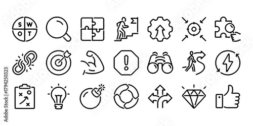 business, strategy, planning, swot, magnifying glass, puzzle, stairs, gear, target, arrow, broken chain, dartboard, muscle, exclamation mark, binoculars, crossroads, lightning bolt, clipboard, light b