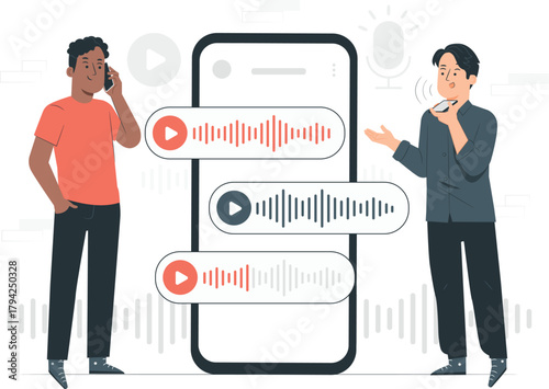Two men communicating via voice messages on a smartphone communication technology