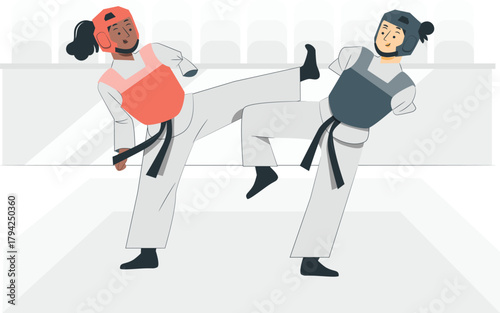 Two martial artists performing kicks in a sparring match martial arts taekwondo