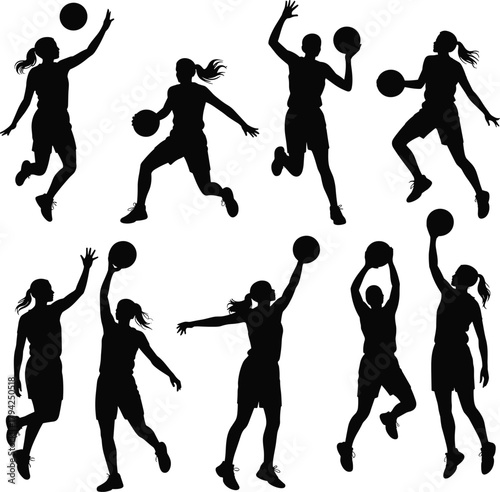 Basketball player silhouette, action pose, jump shot, slam dunk, dribbling, sports motion, athletic figure, black shape, isolated, competitive game, dynamic movement, training