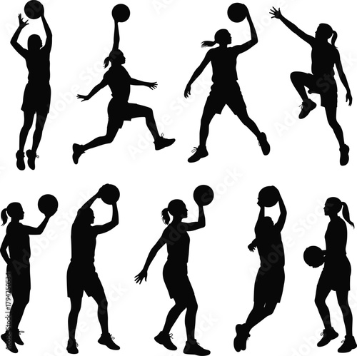 Basketball silhouette, player action, jump shot, dribble pose, slam dunk, sports motion, athlete icon, black figure, dynamic movement, isolated graphic, competitive energy, vector art