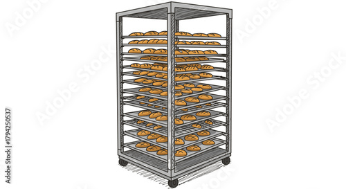 A professional stainless steel baking rack on wheels, efficiently loaded with golden-brown cookies cooling on multiple trays, ideal for a bustling bakery.