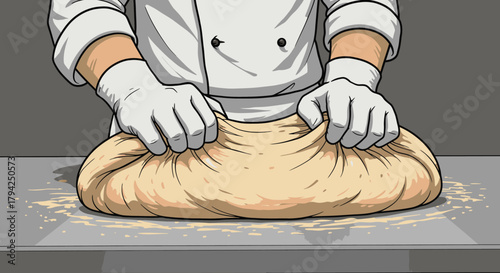 A skilled baker's gloved hands meticulously knead a large, pliable mass of fresh dough on a floured surface, preparing it for delicious artisanal bread or pastries.