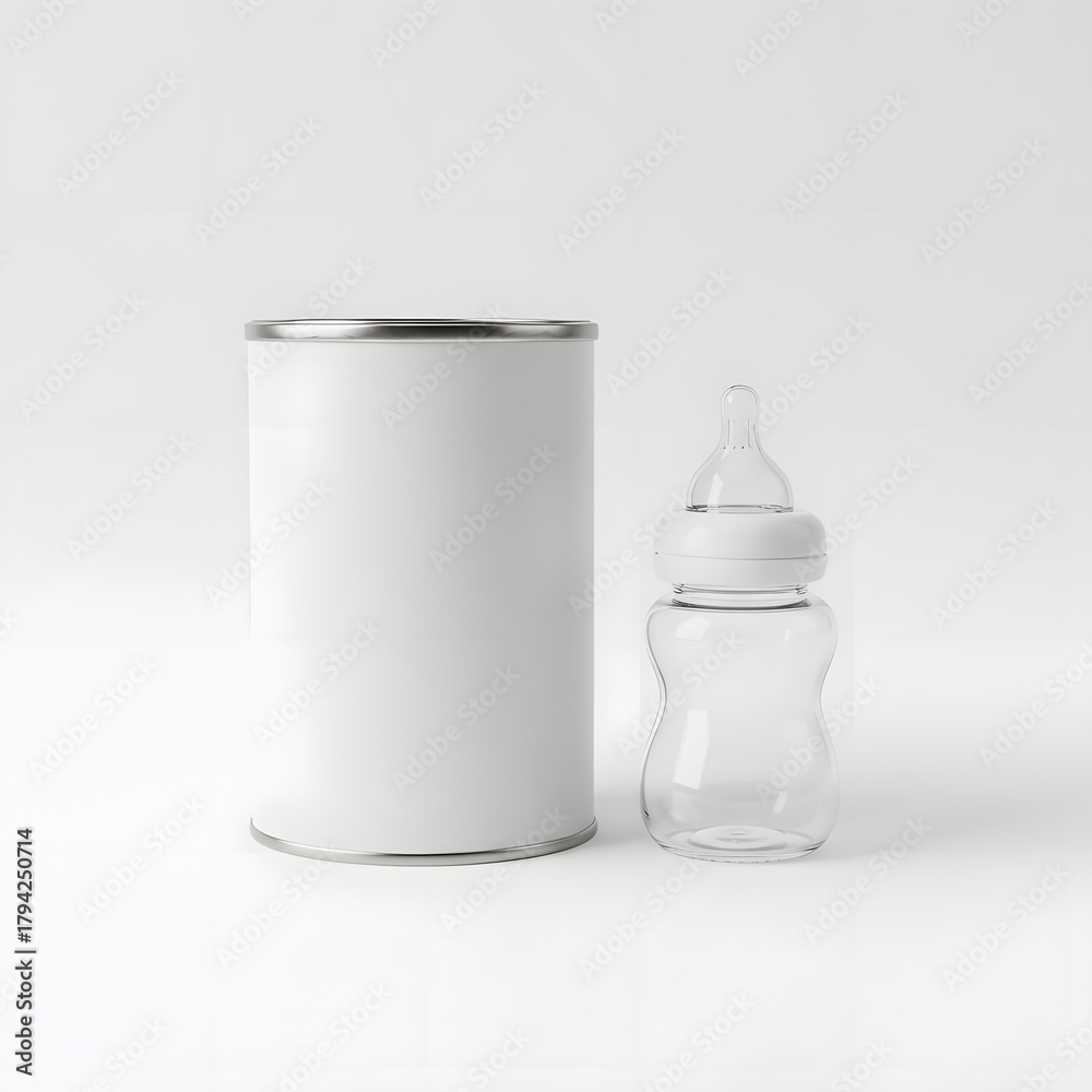 Obraz premium Essential Baby Supplies Formula Can & Bottle on White Background